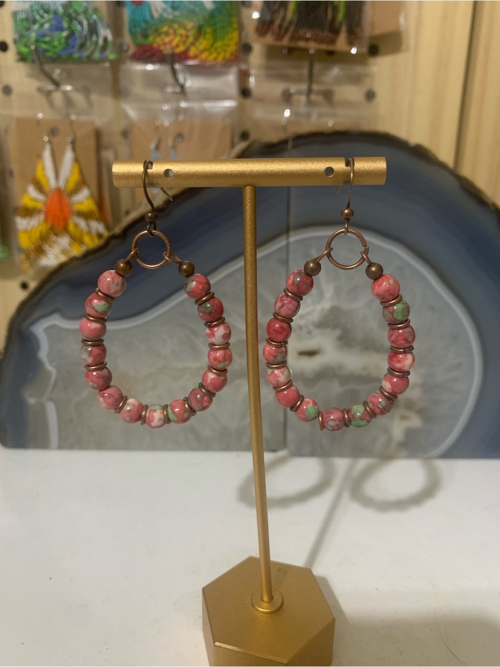 Pink Beaded Hoop Earrings with Subtle Green Accents - Women Jewelry
